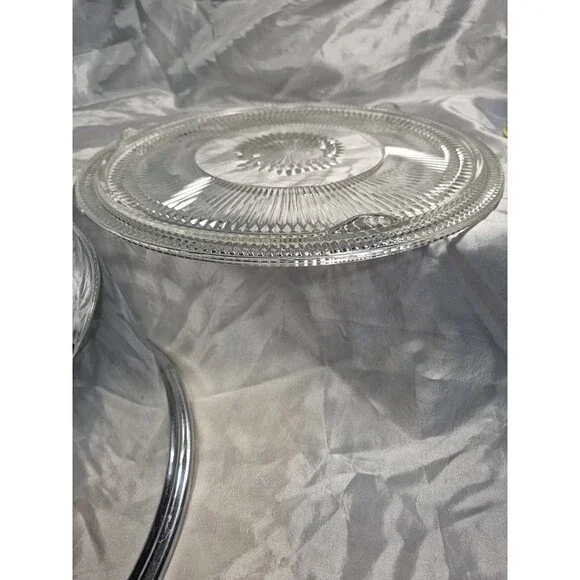 VTG Glass Cake Plate Stainless Steel Dome Lid Covered Dish Ribbed Footed 12" - Picture 12 of 16